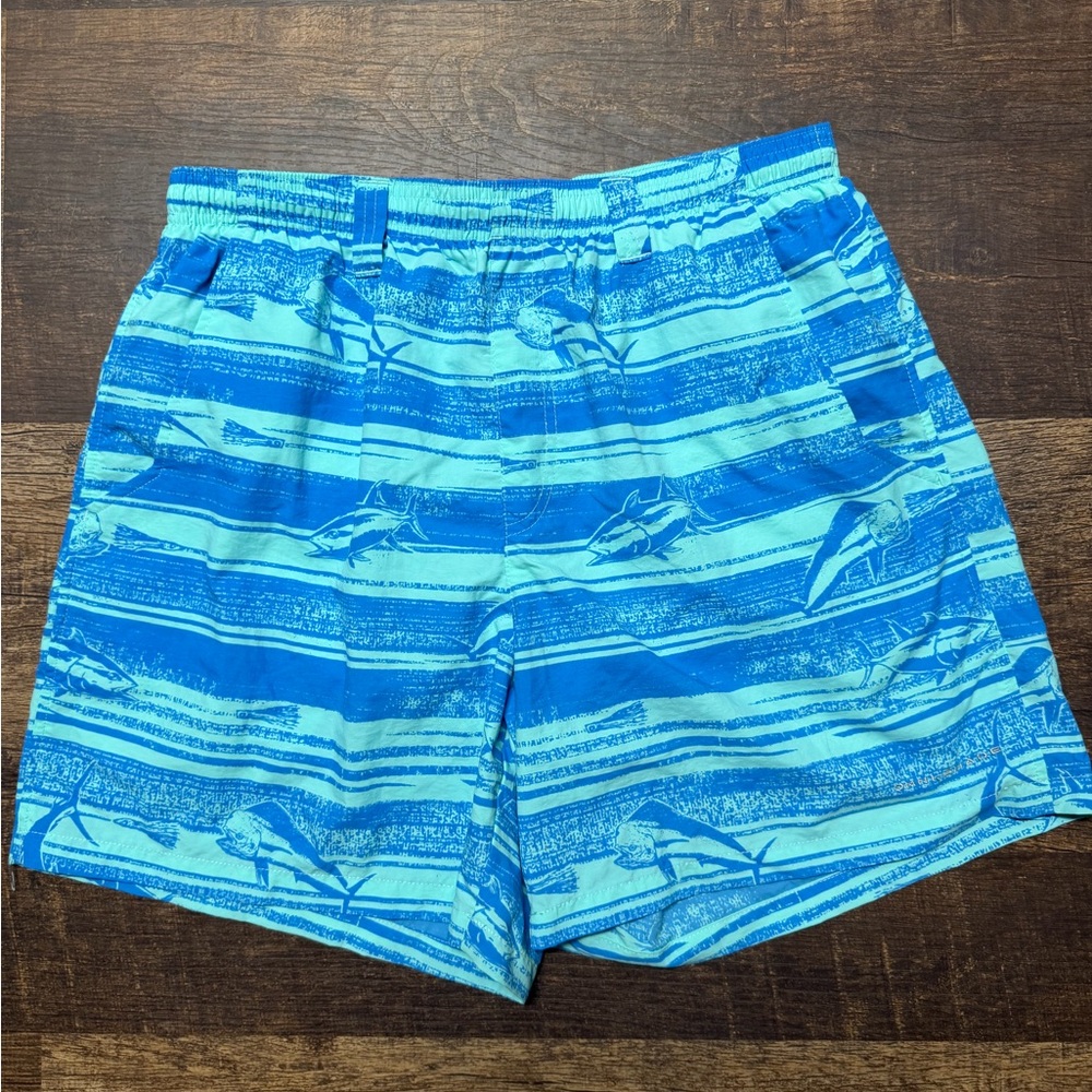 Men's Blue Striped Shark-Print Swim Trunks